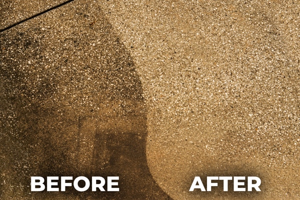 Before and after photo of a concrete wash and seal service performed by Hydro Savage Pressure Washing