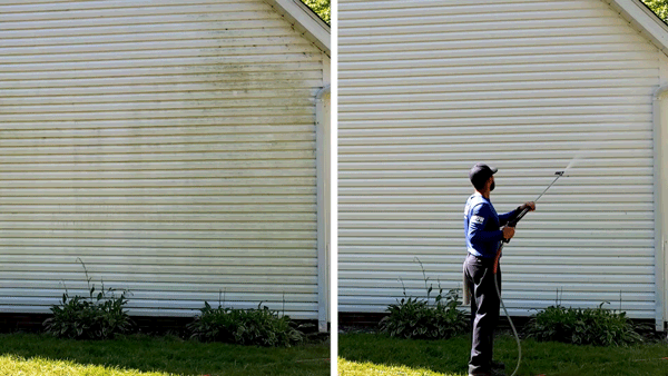 Gif showing side by side of dirty (left) and clean (right) vinyl siding. The left side shows a Hydro Savage Pressure Washing technician rinsing the clean siding.