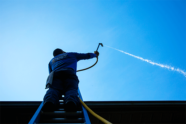 Hydro Savage Pressure Washing technician performing a roof treatment