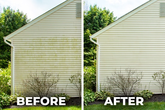 Before and after photo of house wash completed by Hydro Savage Pressure Washing