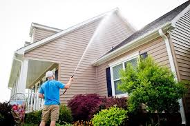 Image of Hydro Savage Pressure Washing technician washing a vinyl sided house
